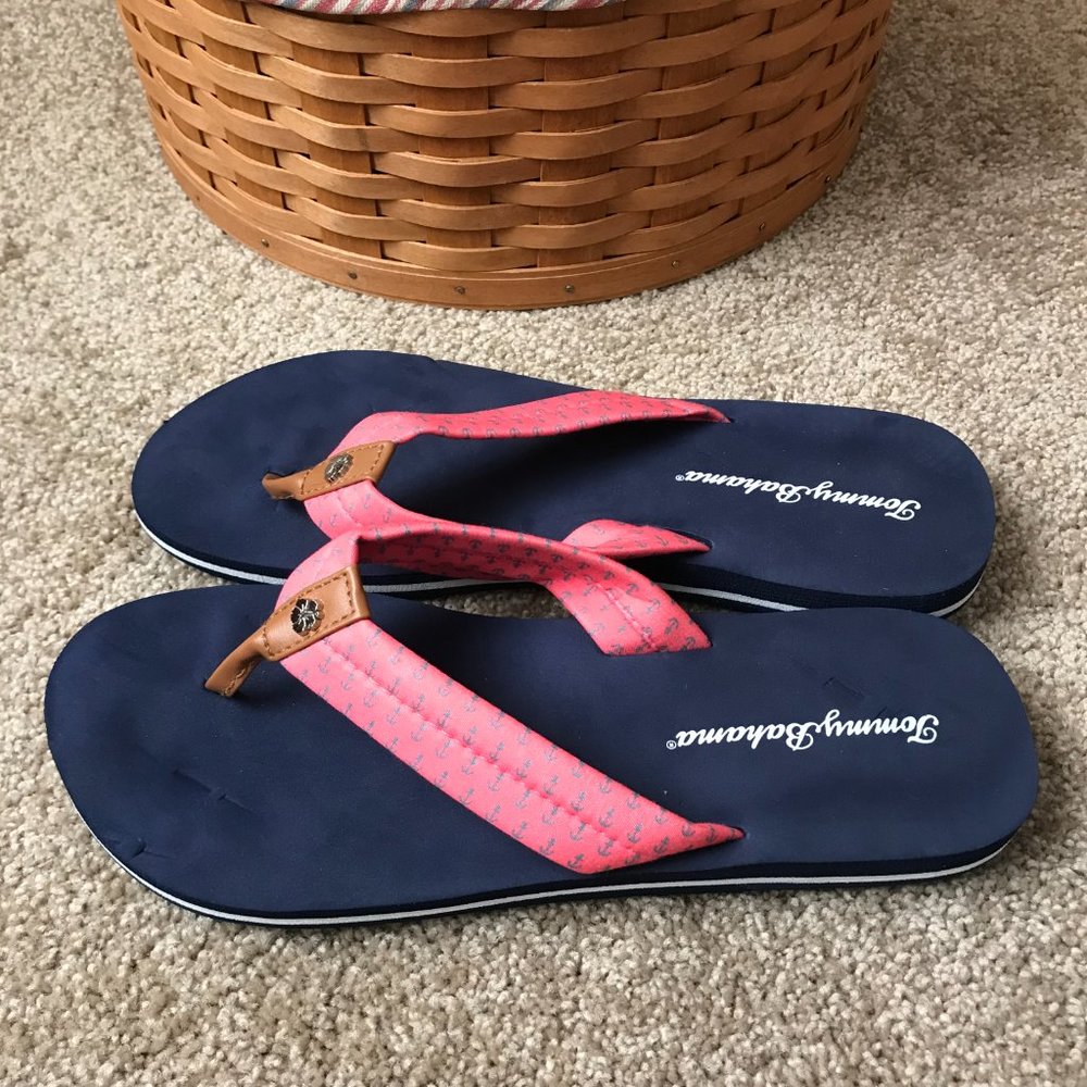 Tommy Bahama Navy Blue w/Pink Thong & Blue Anchors Flip Flops Size 10 - Picture 4 of 6